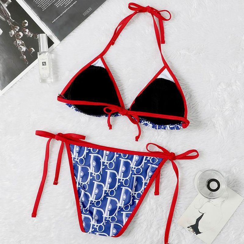 Hot Dior Bikini Women Oblique Motif Lycra Blue Red