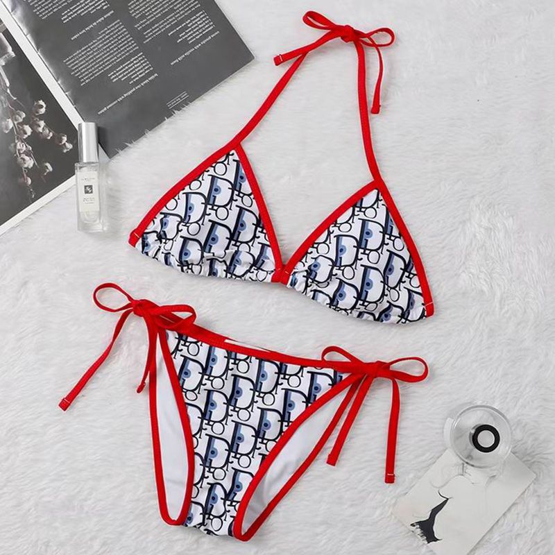 Dior Bikini Women Oblique Motif Lycra White Red Hot Sale