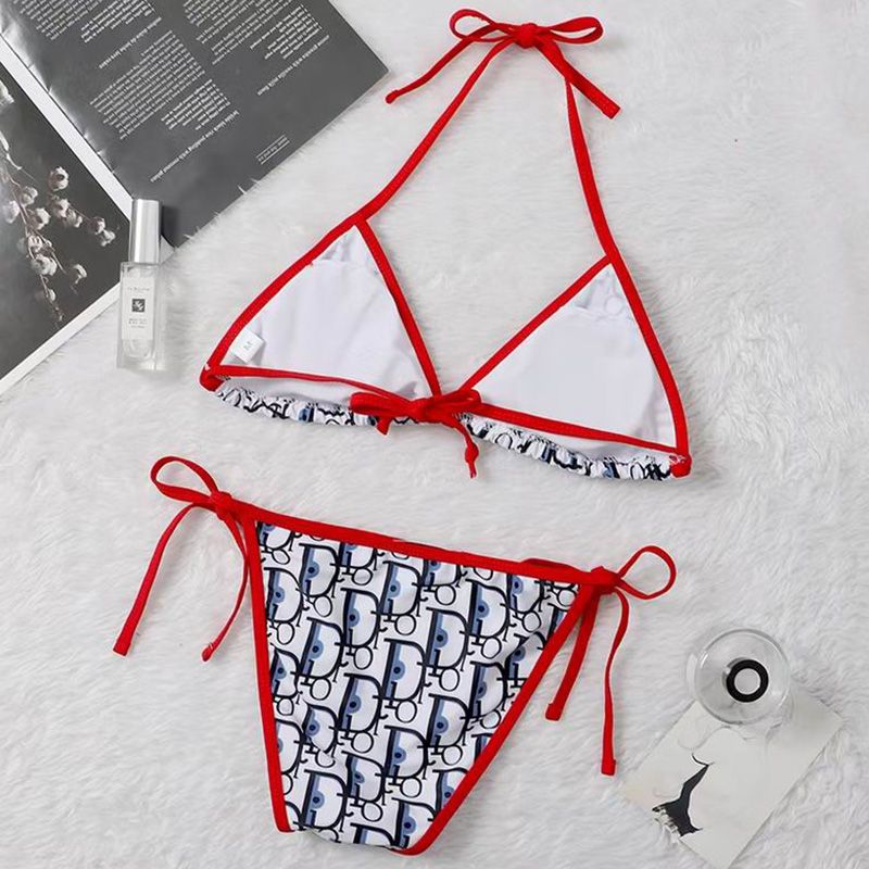 Dior Bikini Women Oblique Motif Lycra White Red Hot Sale