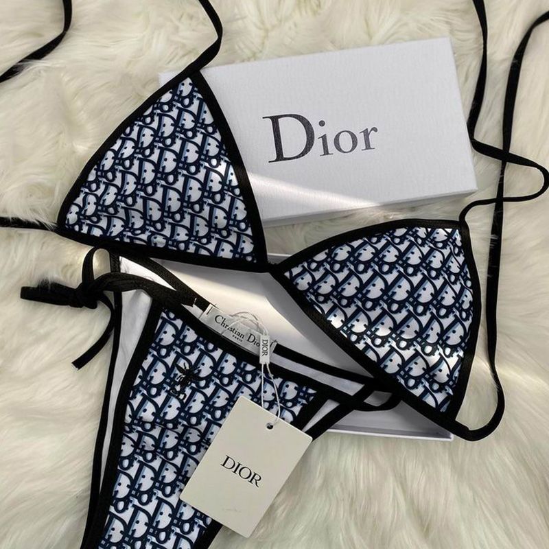 Hot Dior Bikini Women Oblique with Bee CD Motif Lycra Blue