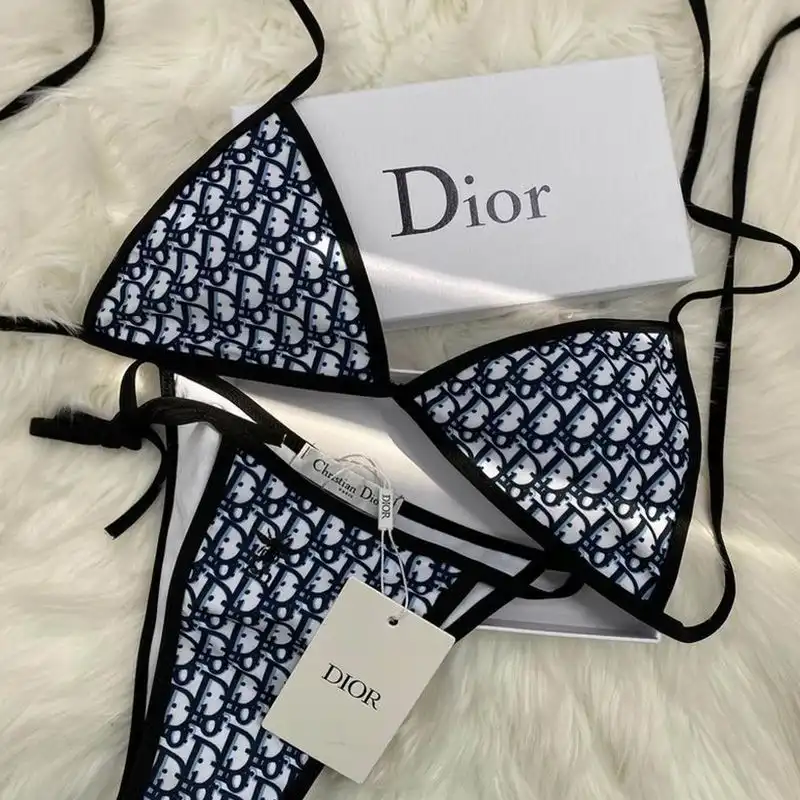 Cheap Hot Dior Bikini Women Oblique with Bee CD Motif Lycra Blue