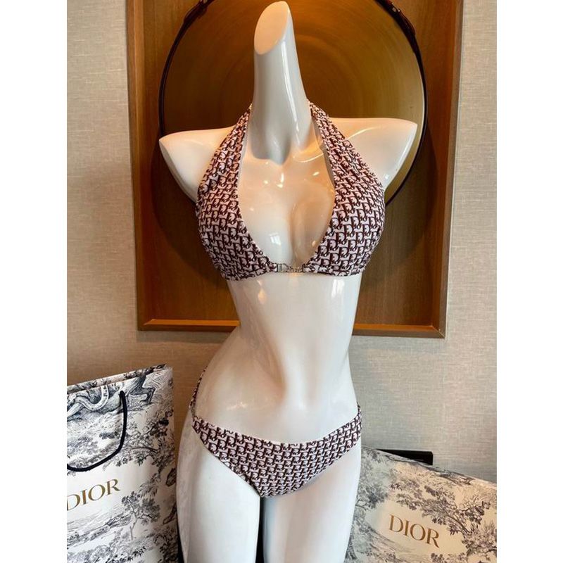 Dior Bikini Women Oblique with Crystal Logo Motif Lycra Coffee Hot Sale