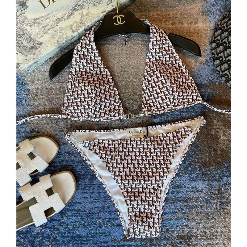 Dior Bikini Women Oblique with Crystal Logo Motif Lycra Coffee Hot Sale