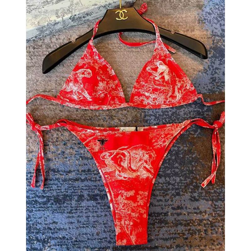 Dior Bikini Women Toile De Jouy with Bee CD Motif Lycra Red Hot Sale