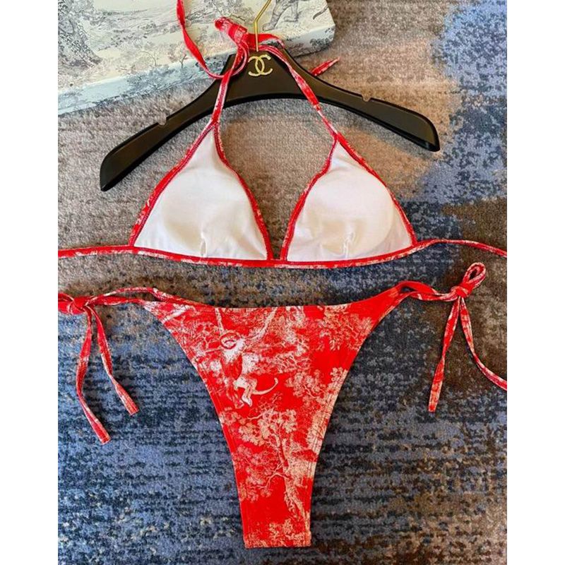 Dior Bikini Women Toile De Jouy with Bee CD Motif Lycra Red Hot Sale