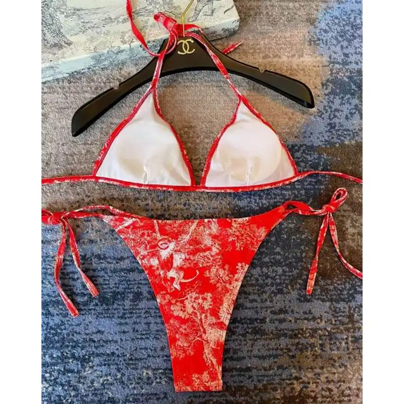 Cheap Hot Dior Bikini Women Toile De Jouy with Bee CD Motif Lycra Red