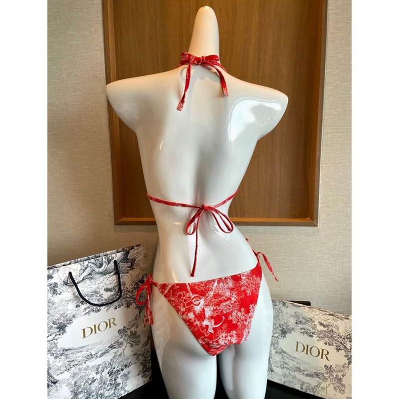 Dior Bikini Women Toile De Jouy with Bee CD Motif Lycra Red Hot Sale