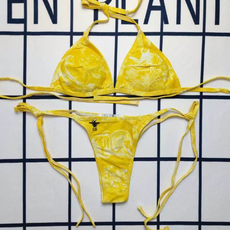 Dior Bikini Women Toile De Jouy with Bee CD Motif Lycra Yellow Hot Sale