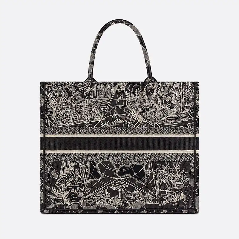 Cheap Dior Book Tote Around the World Motif Canvas Black Hot Sale