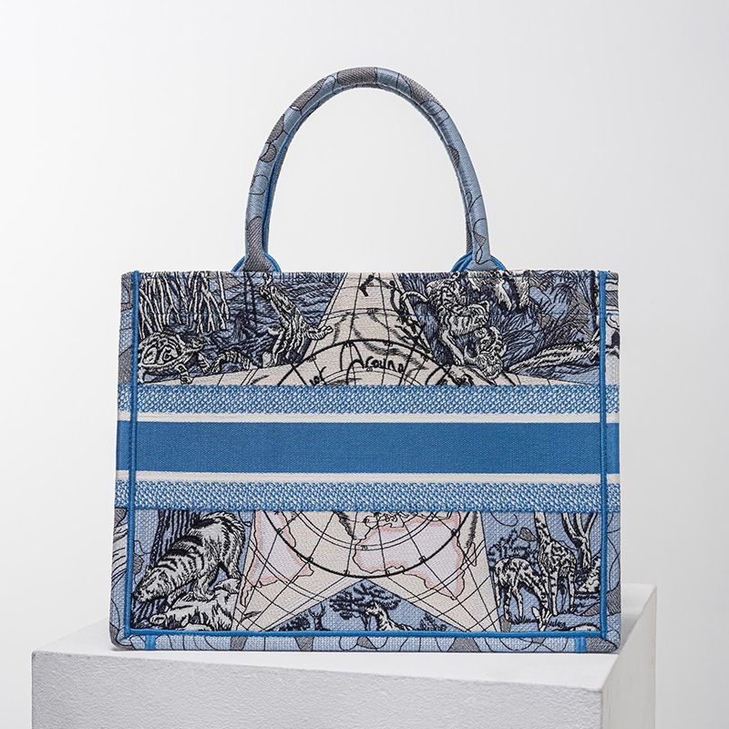 Dior Book Tote Around the World Motif Canvas Light Blue Hot Sale