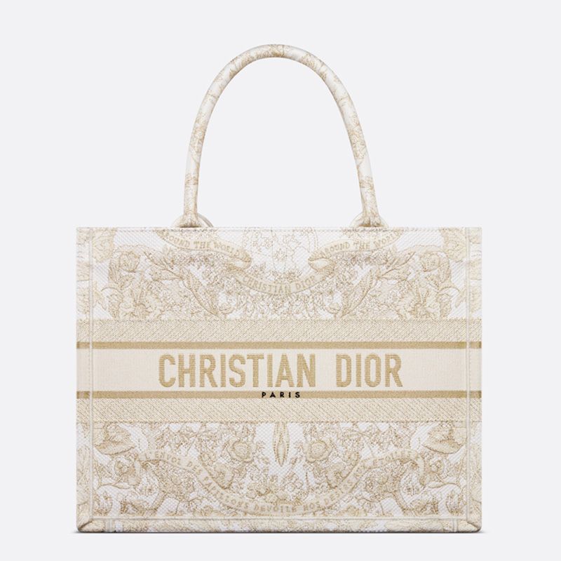 Hot Dior Book Tote Butterfly Around The World Motif Canvas White Gold