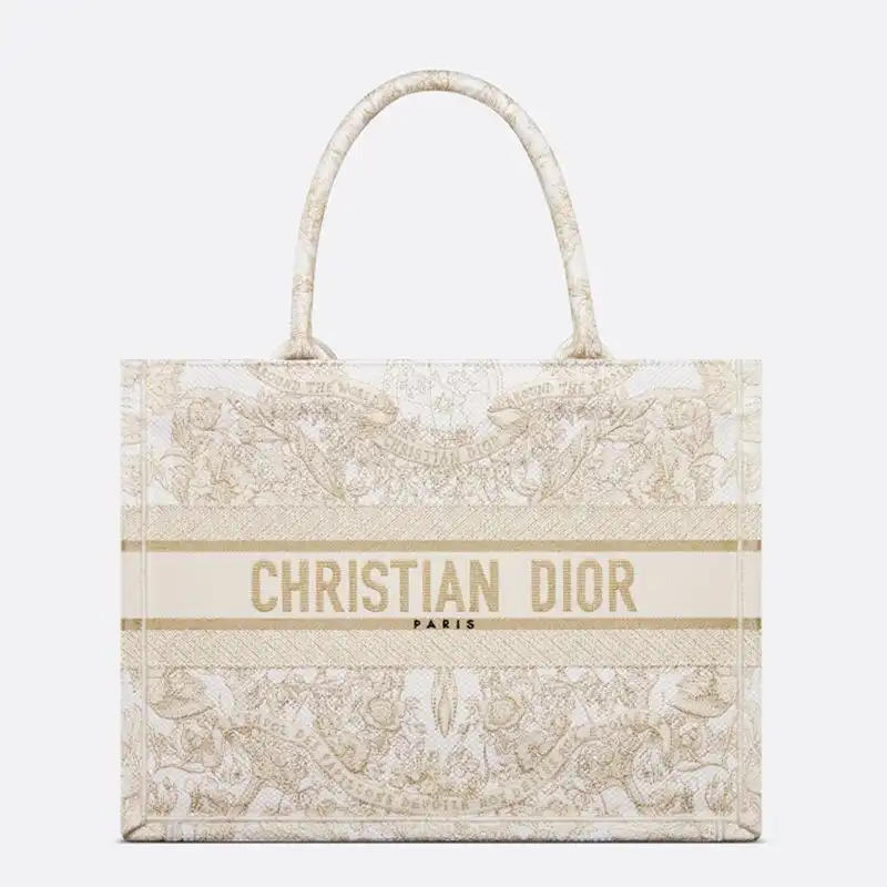 Dior Book Tote Butterfly Around The World Motif Canvas White Gold