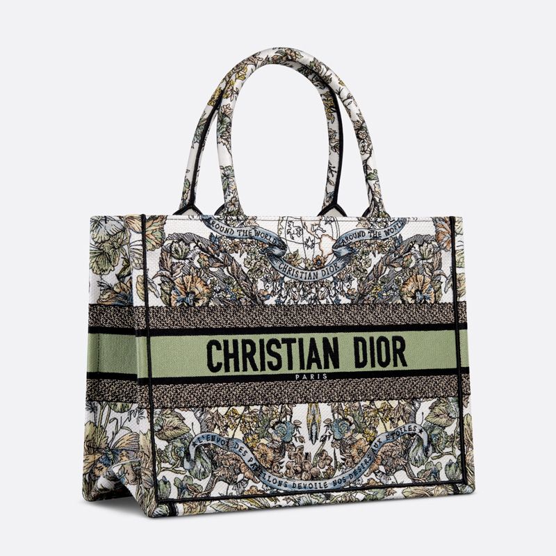 Dior Book Tote Butterfly Around The World Motif Canvas White Green Hot Sale