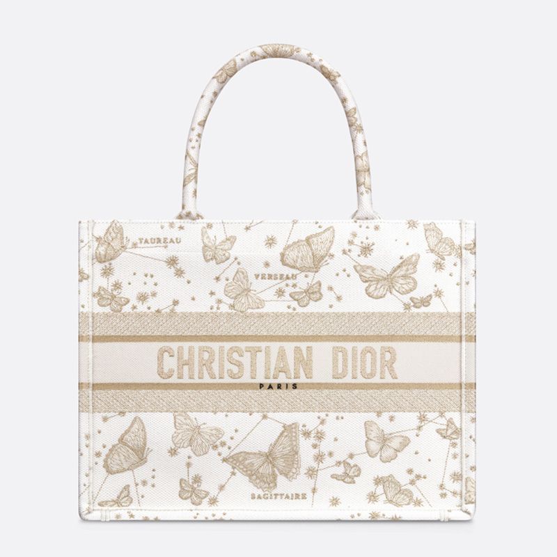 Hot Dior Book Tote Butterfly Zodiac Motif Canvas White Gold