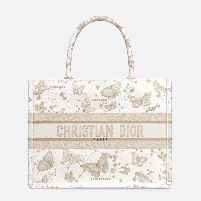 Dior Book Tote Butterfly Zodiac Motif Canvas White Gold Luxury