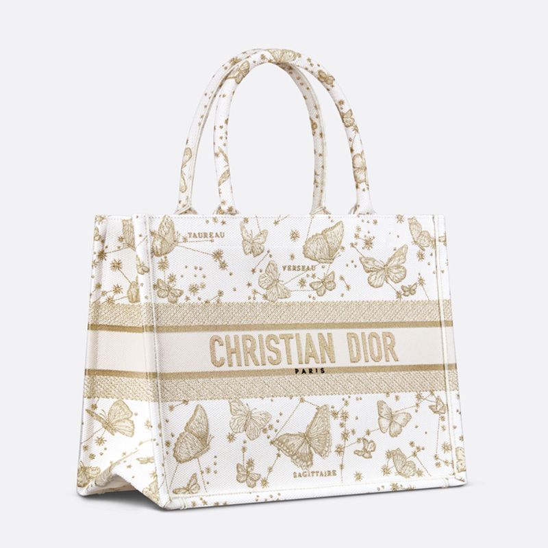 Hot Dior Book Tote Butterfly Zodiac Motif Canvas White Gold