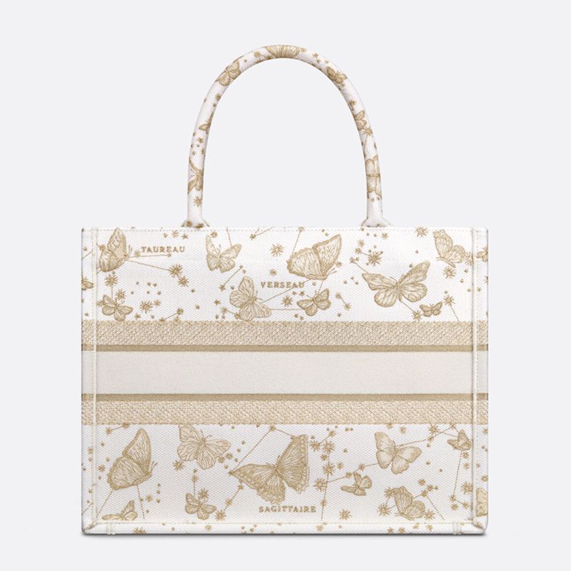 Hot Dior Book Tote Butterfly Zodiac Motif Canvas White Gold