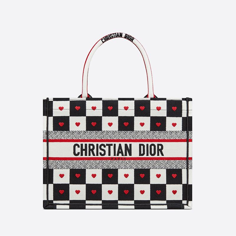 Dior Book Tote Dioramour D-Chess Heart Motif Canvas Black White Hot Sale