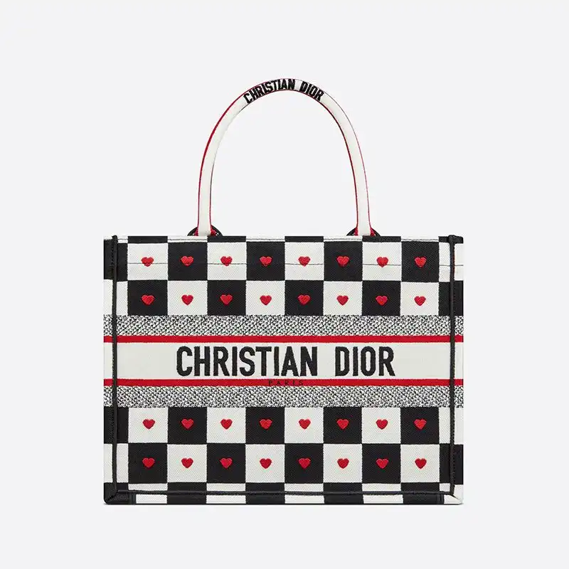 Dior Outlet Dior Book Tote Dioramour D-Chess Heart Motif Canvas Black White