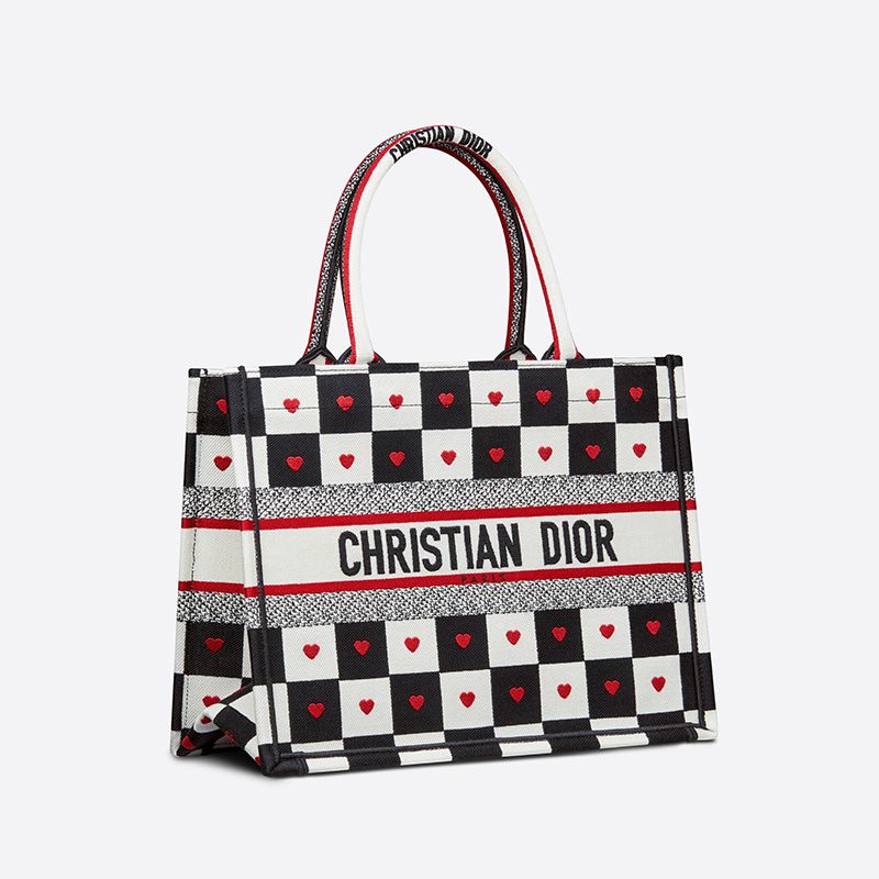 Dior Book Tote Dioramour D-Chess Heart Motif Canvas Black White Hot Sale