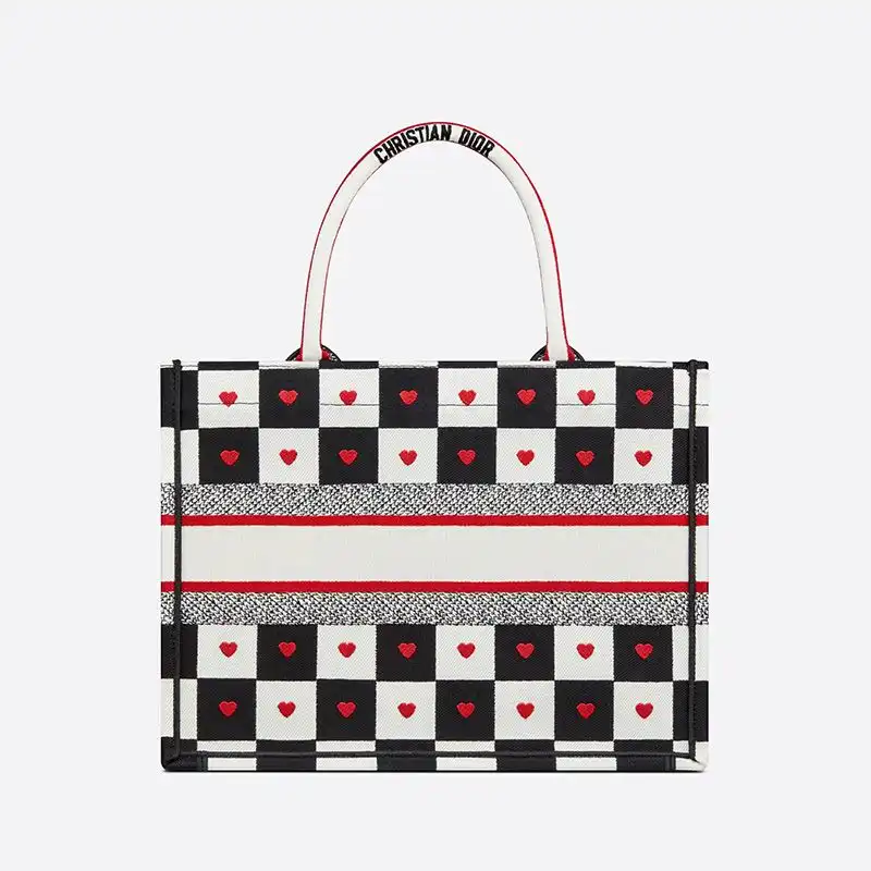 Dior Outlet Dior Book Tote Dioramour D-Chess Heart Motif Canvas Black White