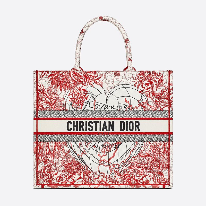 Hot Dior Book Tote Dioramour D-Royaume d'Amour Motif Canvas Red White