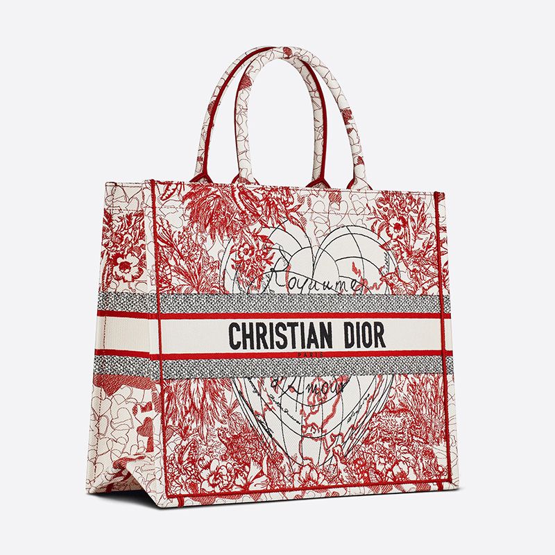 Hot Dior Book Tote Dioramour D-Royaume d'Amour Motif Canvas Red White