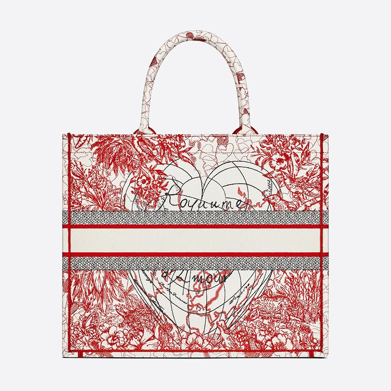 Hot Dior Book Tote Dioramour D-Royaume d'Amour Motif Canvas Red White