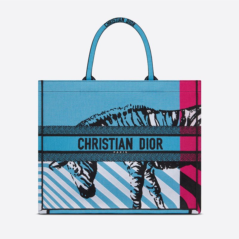 Dior Book Tote D-Jungle Pop Motif Canvas Blue Rose Hot Sale