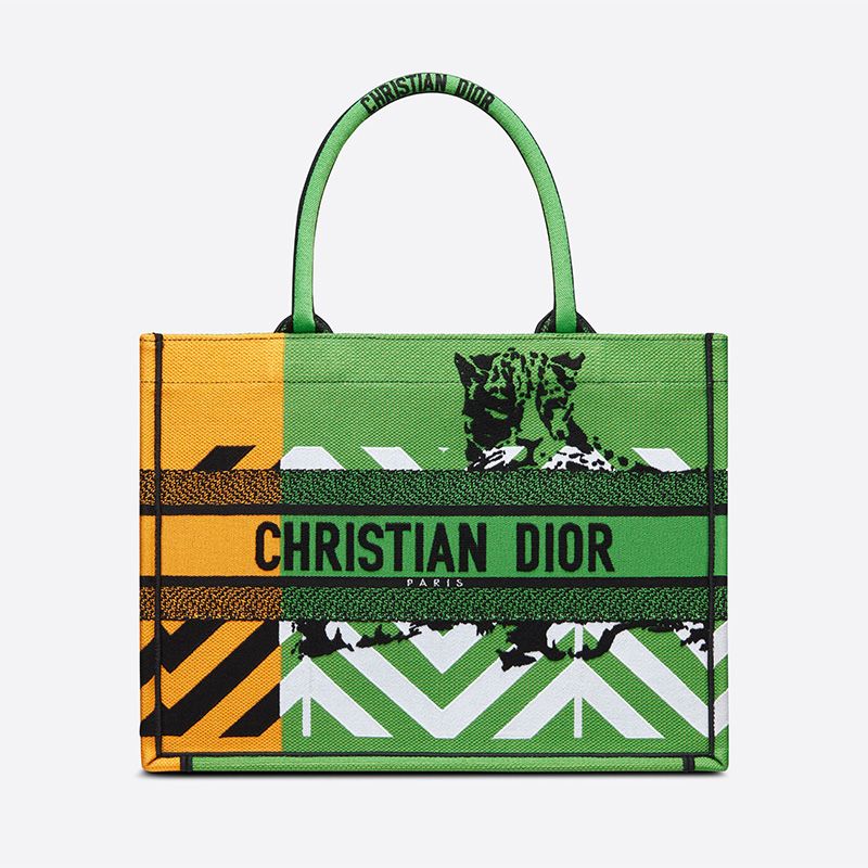 Hot Dior Book Tote D-Jungle Pop Motif Canvas Green Orange