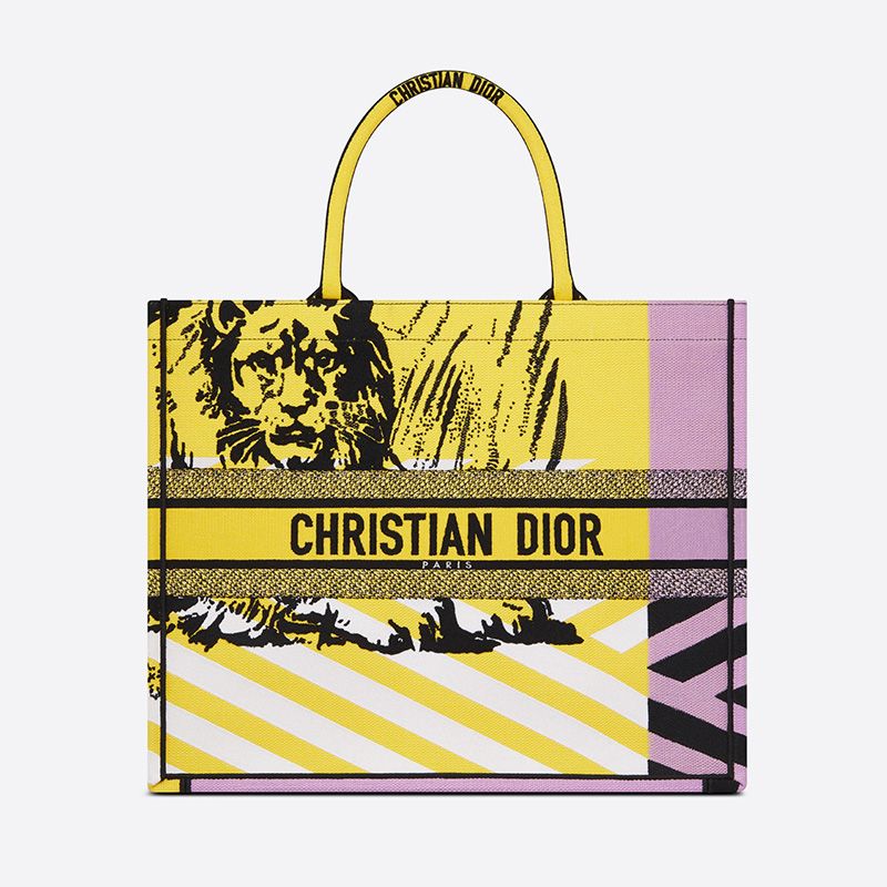 Hot Dior Book Tote D-Jungle Pop Motif Canvas Yellow Pink