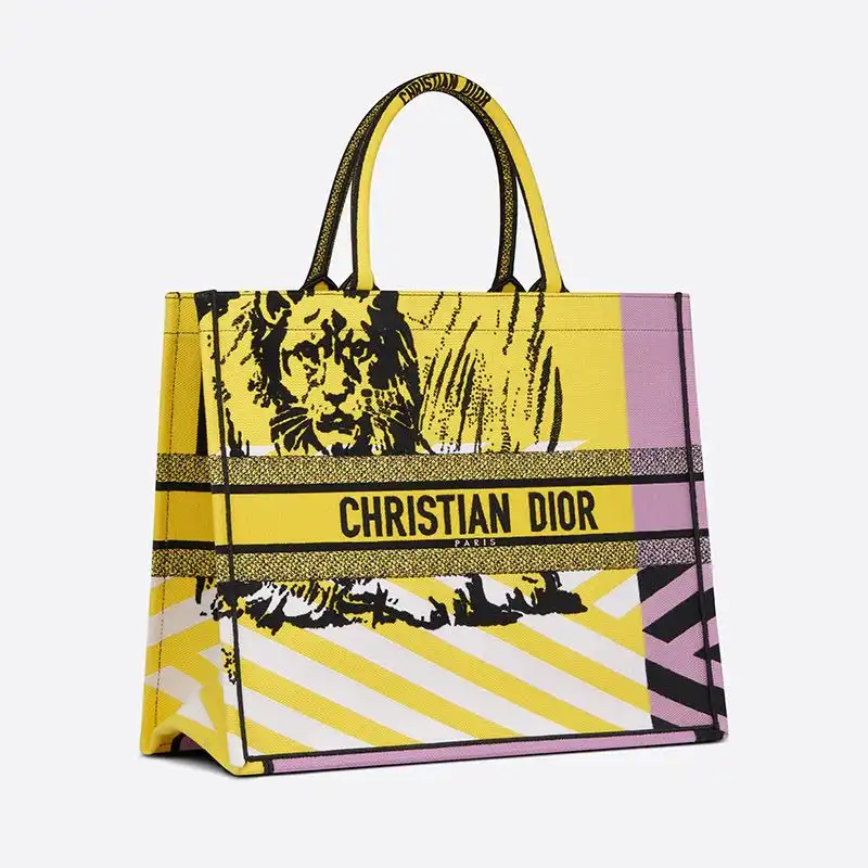 Cheap Dior Book Tote D-Jungle Pop Motif Canvas Yellow Pink Luxury