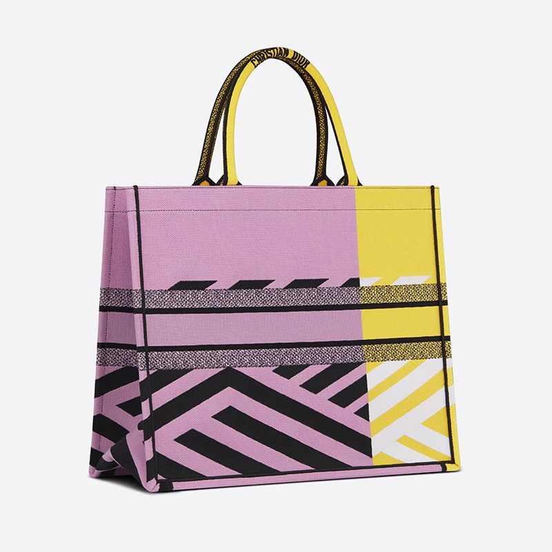 Hot Dior Book Tote D-Jungle Pop Motif Canvas Yellow Pink