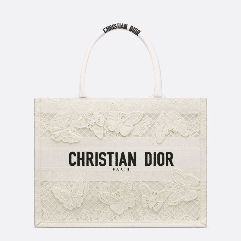 Hot Dior Book Tote D-Lace Butterfly Motif Canvas White