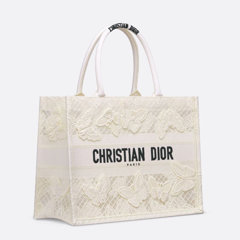 Dior Book Tote D-Lace Butterfly Motif Canvas White Hot Sale