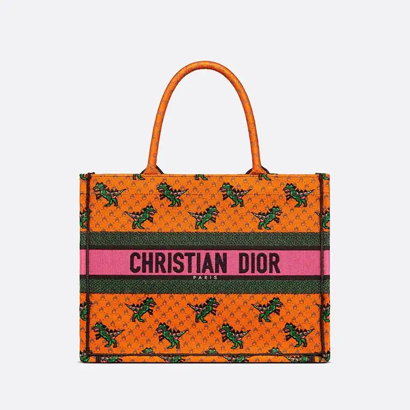 Dior Book Tote Dragon & Fire Motif Canvas Orange