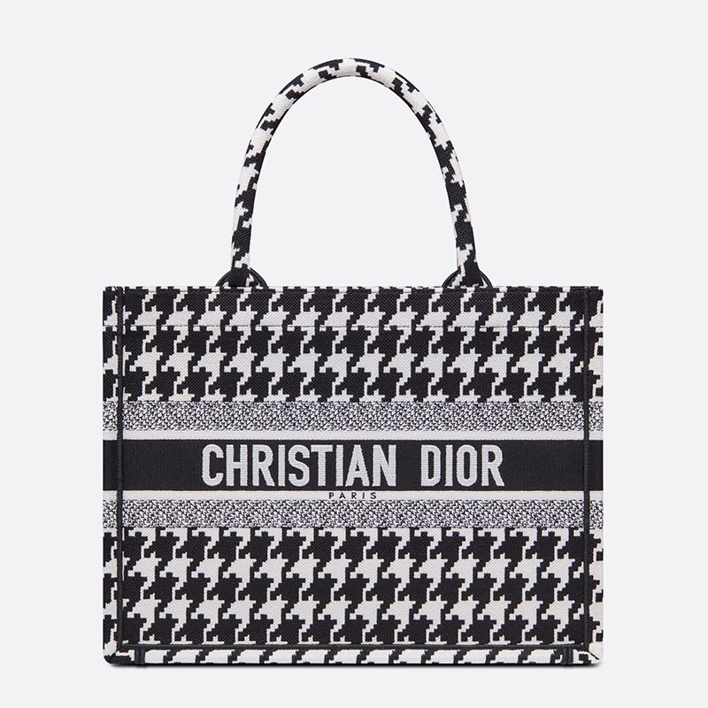 Hot Dior Book Tote Macro Houndstooth Motif Canvas Black