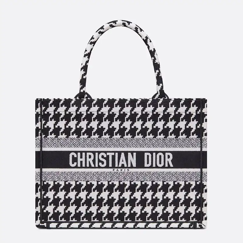 Dior Book Tote Macro Houndstooth Motif Canvas Black Luxury