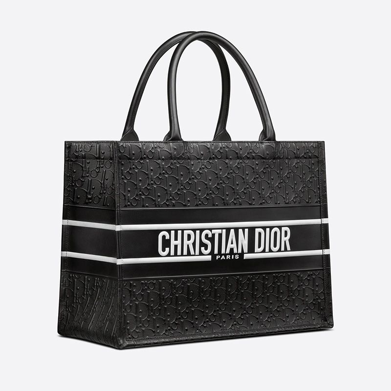 Dior Book Tote Oblique Embossed Calfskin Black White