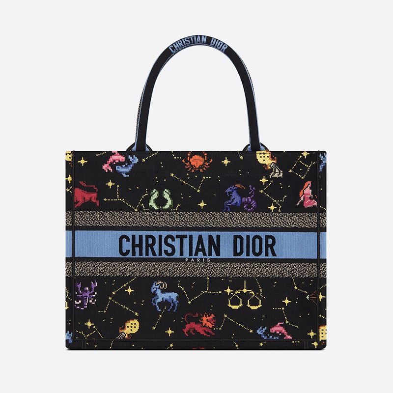 TOP Dior Book Tote Pixel Zodiac Motif Canvas Black