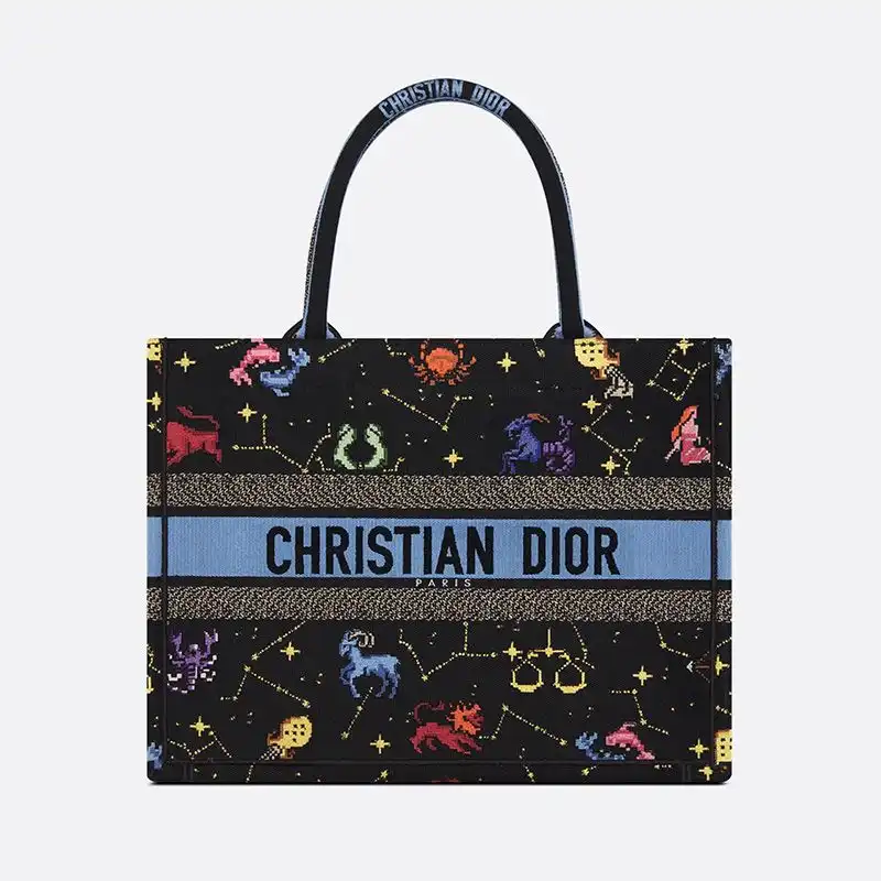 Dior Book Tote Pixel Zodiac Motif Canvas Black