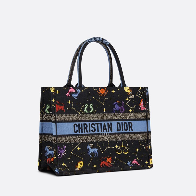 TOP Dior Book Tote Pixel Zodiac Motif Canvas Black