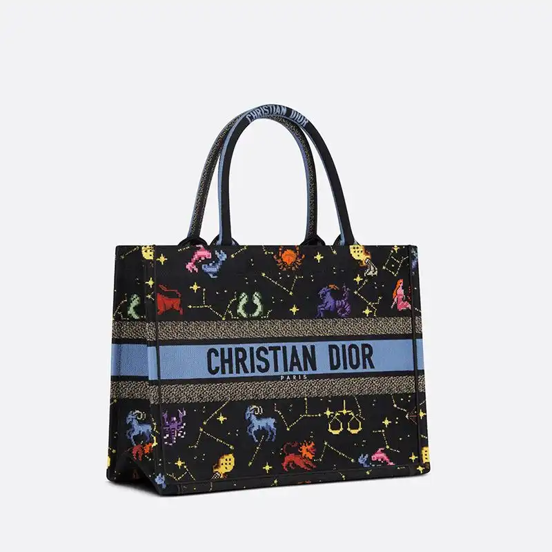 Cheap Dior Book Tote Pixel Zodiac Motif Canvas Black Hot Sale