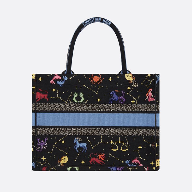 TOP Dior Book Tote Pixel Zodiac Motif Canvas Black