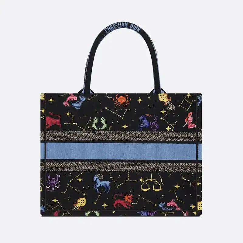 Cheap Dior Book Tote Pixel Zodiac Motif Canvas Black Hot Sale