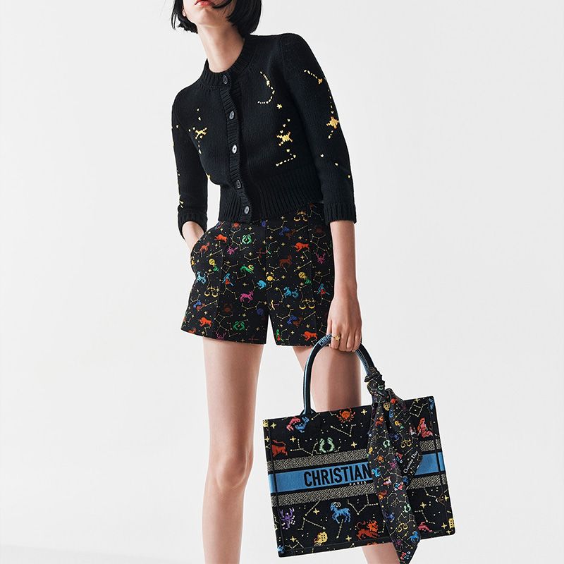 TOP Dior Book Tote Pixel Zodiac Motif Canvas Black