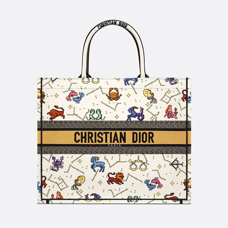 Dior Book Tote Pixel Zodiac Motif Canvas White Hot Sale