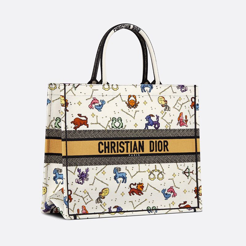 Dior Book Tote Pixel Zodiac Motif Canvas White Hot Sale