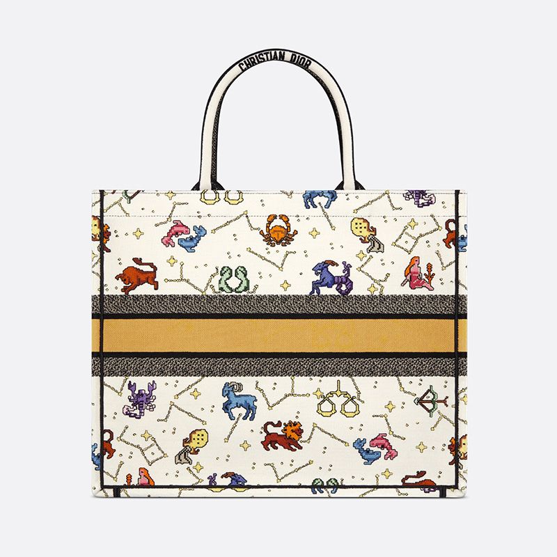 Dior Book Tote Pixel Zodiac Motif Canvas White Hot Sale