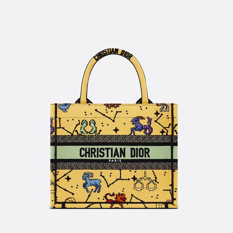 Hot Dior Book Tote Pixel Zodiac Motif Canvas Yellow